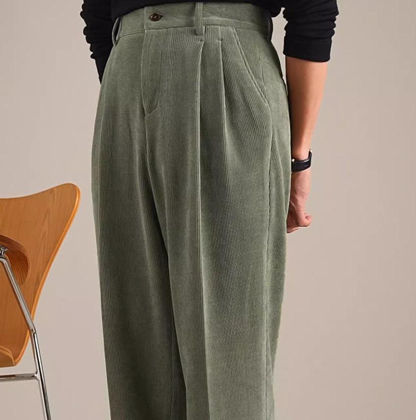Corduroy Retro Straight-Fit High Waisted Pleated Trousers