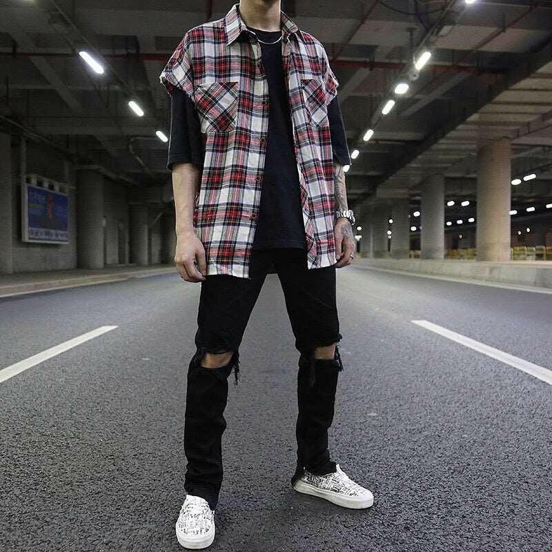 Flannel Cropped Sleeve Plaid Shirt ATLANCE