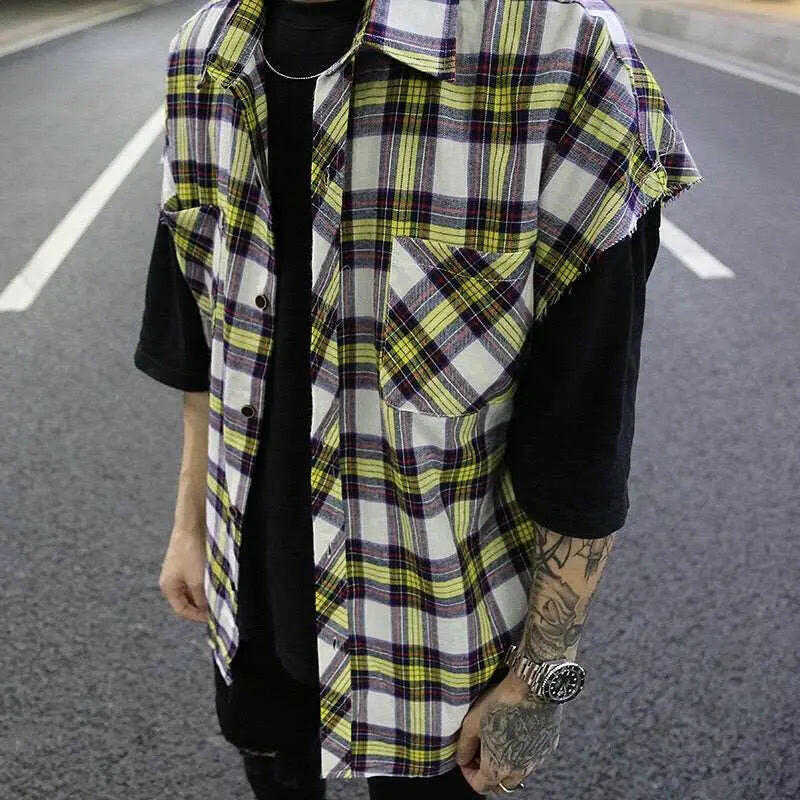 Flannel Cropped Sleeve Plaid Shirt ATLANCE