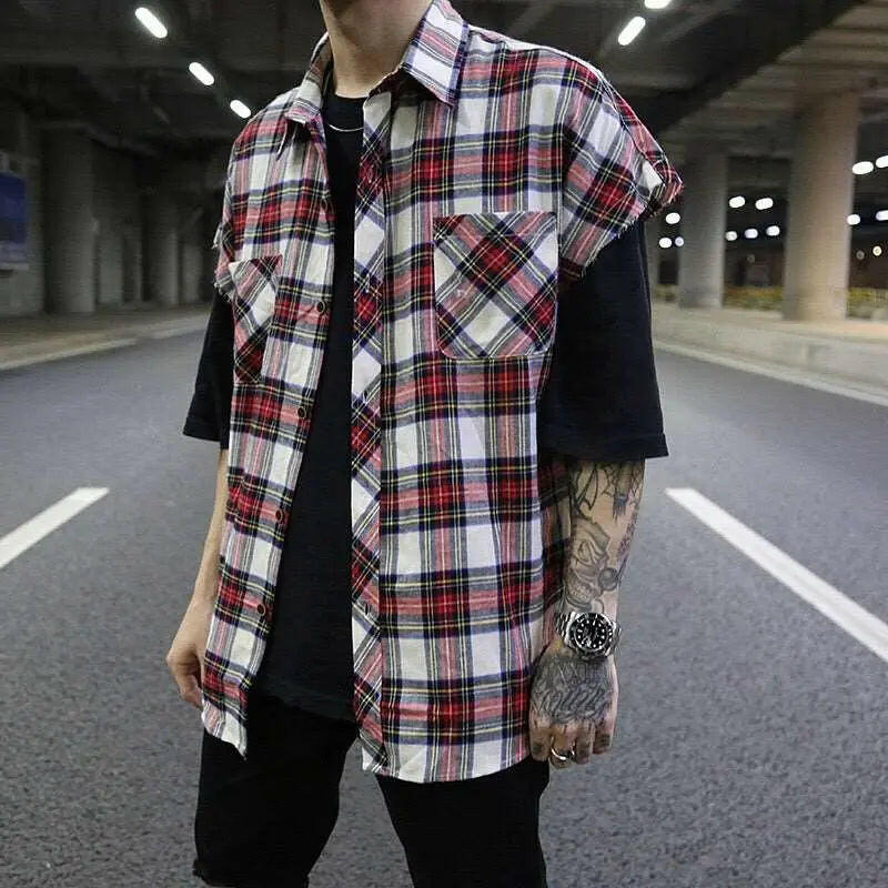 Flannel Cropped Sleeve Plaid Shirt ATLANCE