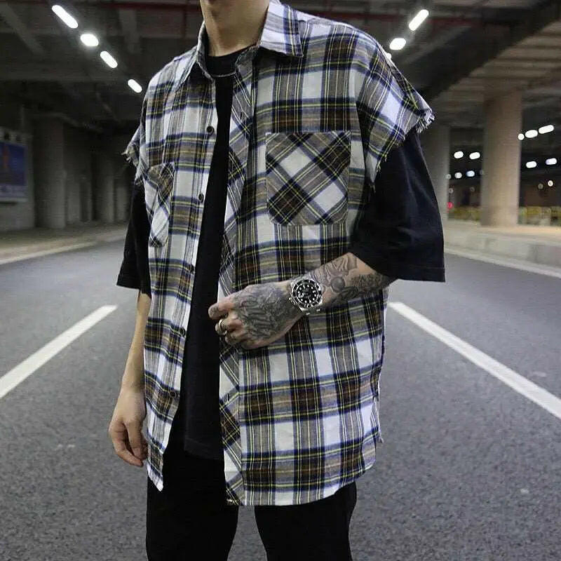 Flannel Cropped Sleeve Plaid Shirt ATLANCE