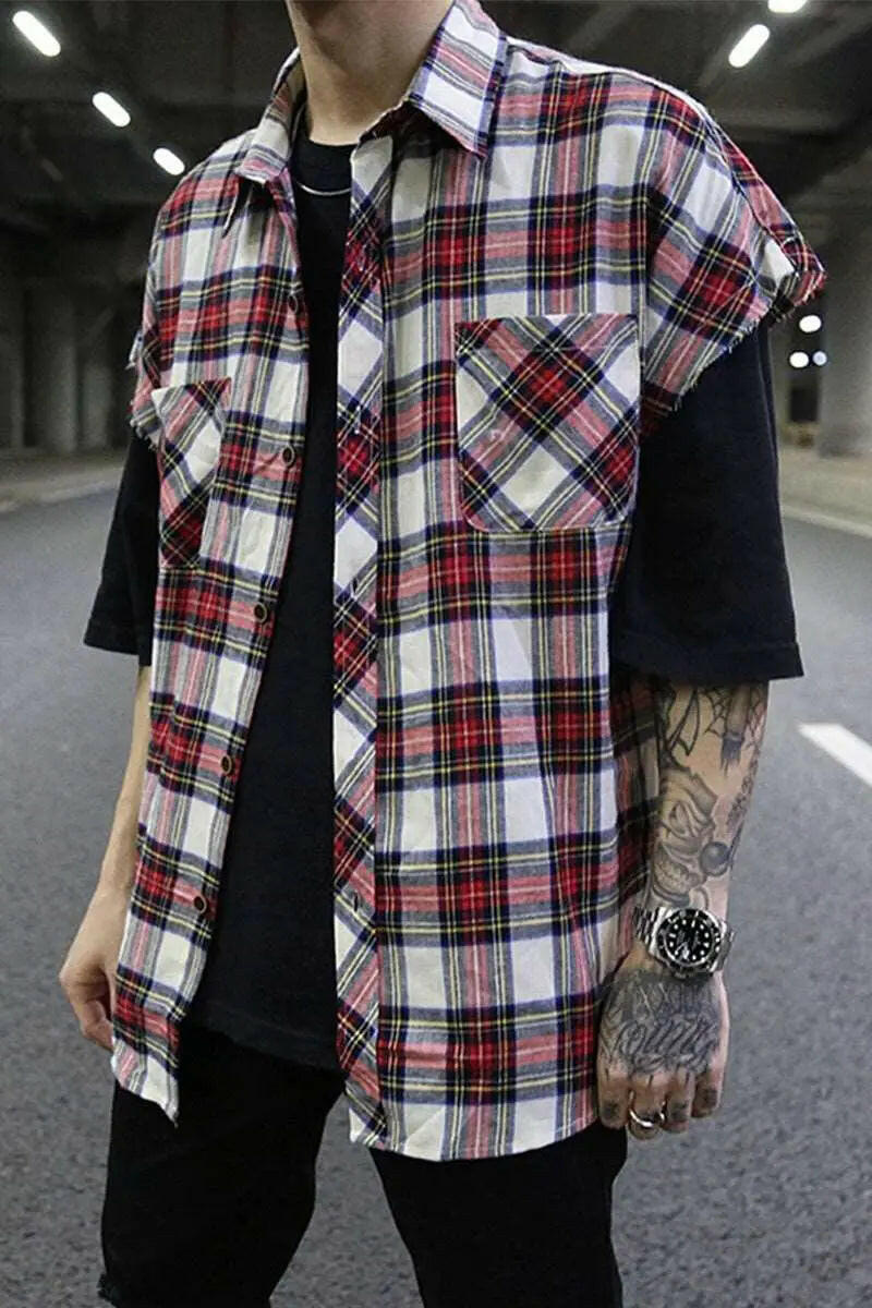 Flannel Cropped Sleeve Plaid Shirt ATLANCE