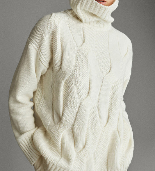 Unisex Loose Cable-Knit Turtleneck Sweater