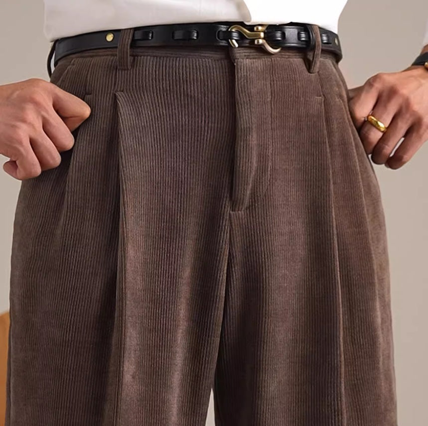 Corduroy Retro Straight-Fit High Waisted Pleated Trousers