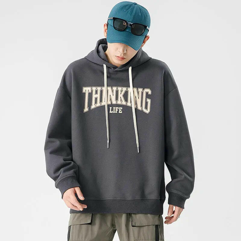 Men's Loose Thinking Life Letter Print Hoodie Atlance