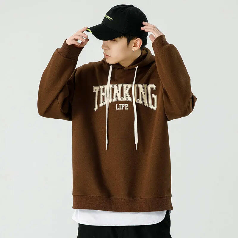 Men's Loose Thinking Life Letter Print Hoodie Atlance