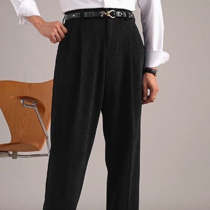 Corduroy Retro Straight-Fit High Waisted Pleated Trousers
